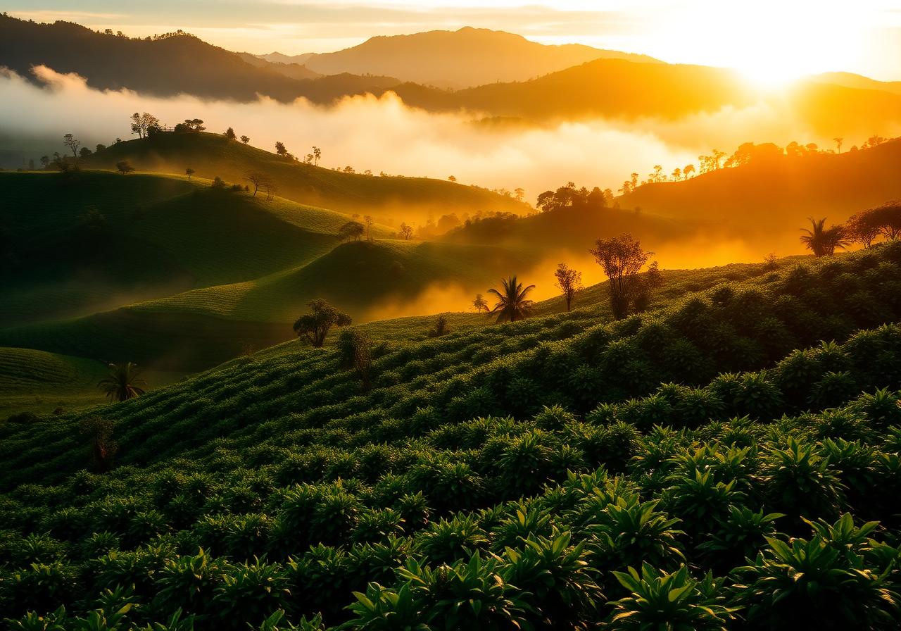 Brazilian coffee plantation at sunrise